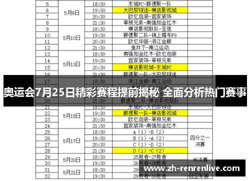 奥运会7月25日精彩赛程提前揭秘 全面分析热门赛事